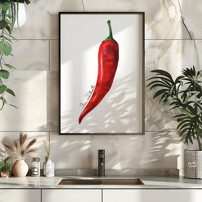 This striking minimalist poster features a single, vibrant red chili pepper rendered in a realistic… for kitchen