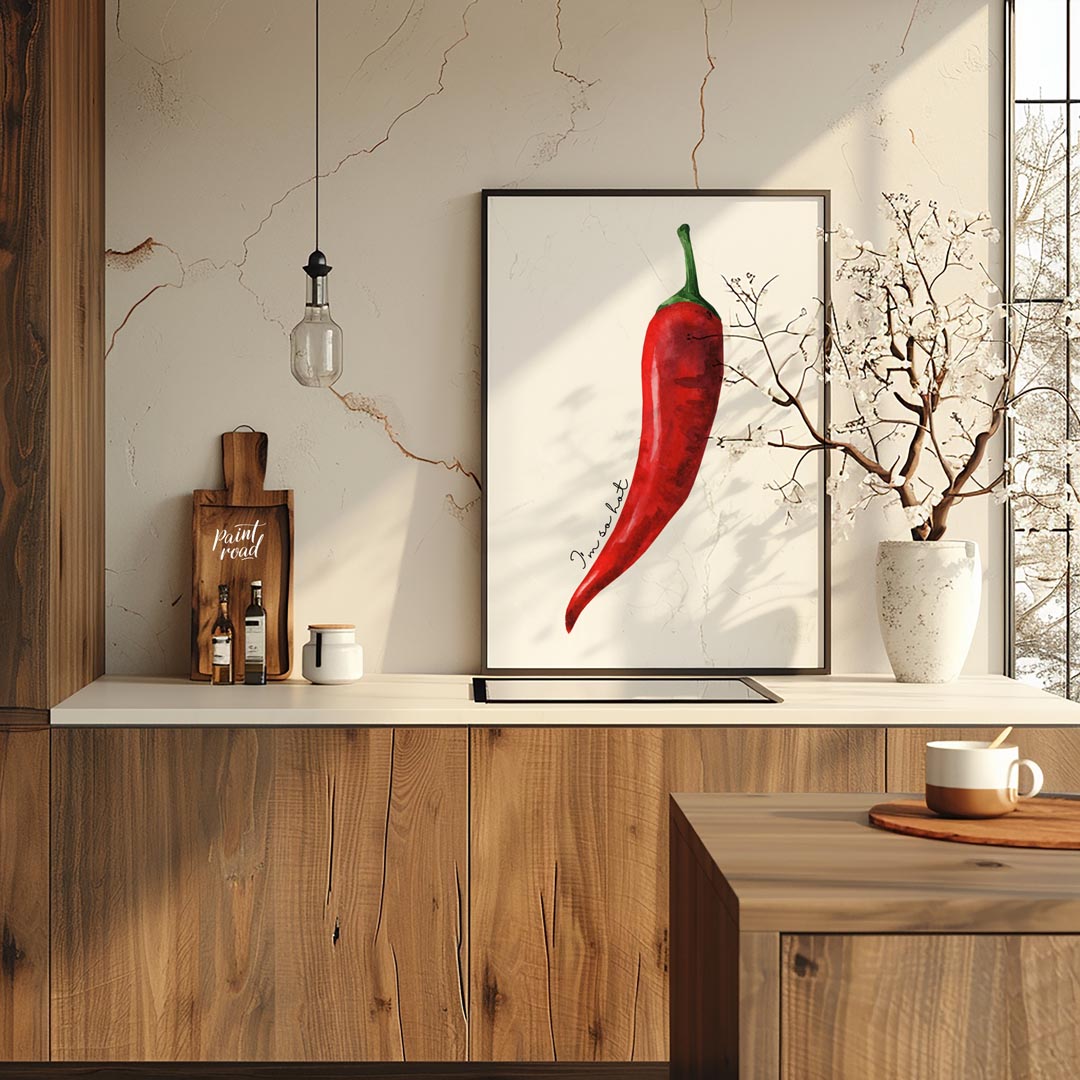 This striking minimalist poster features a single, vibrant red chili pepper rendered in a realistic… for kitchen