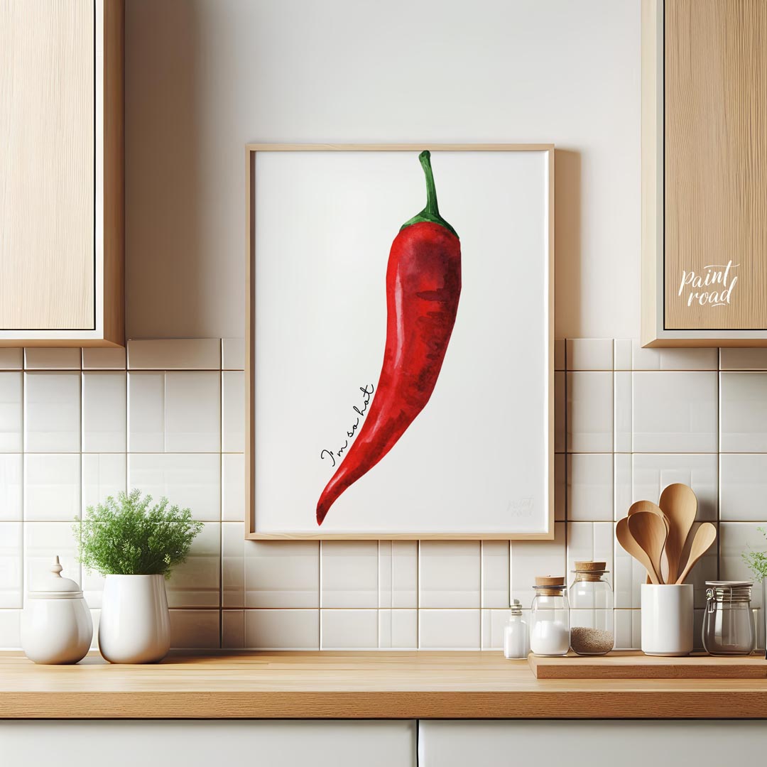 This striking minimalist poster features a single, vibrant red chili pepper rendered in a realistic… for kitchen