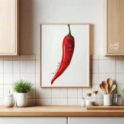 This striking minimalist poster features a single, vibrant red chili pepper rendered in a realistic… for kitchen