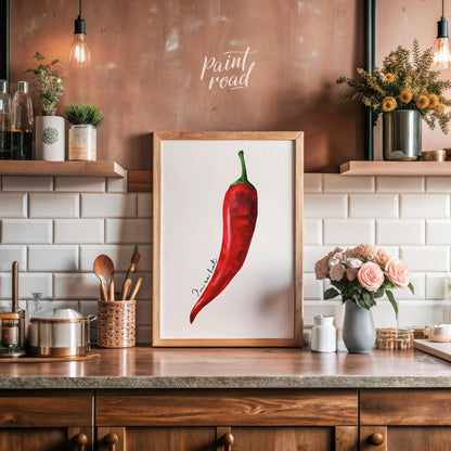 This striking minimalist poster features a single, vibrant red chili pepper rendered in a realistic… for kitchen