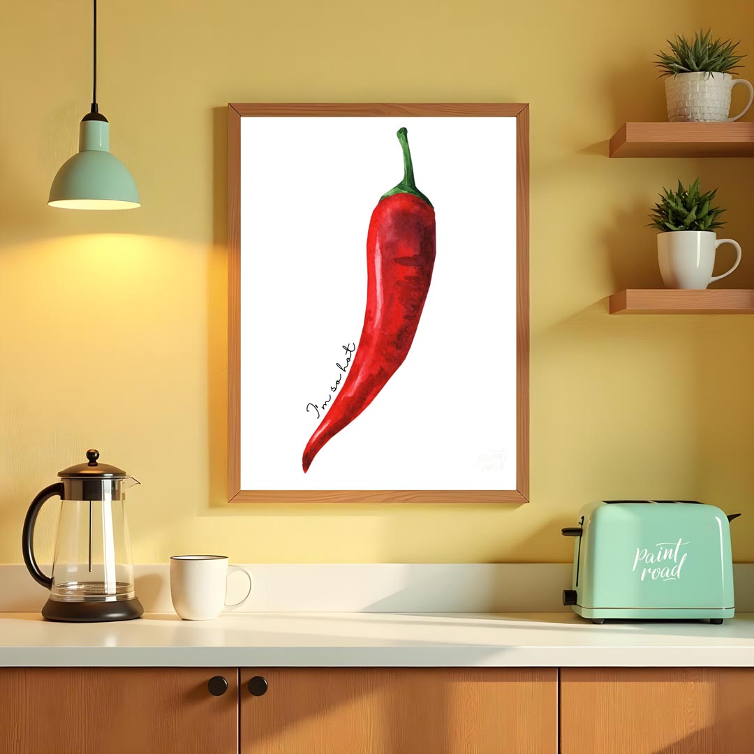 This striking minimalist poster features a single, vibrant red chili pepper rendered in a realistic… for kitchen
