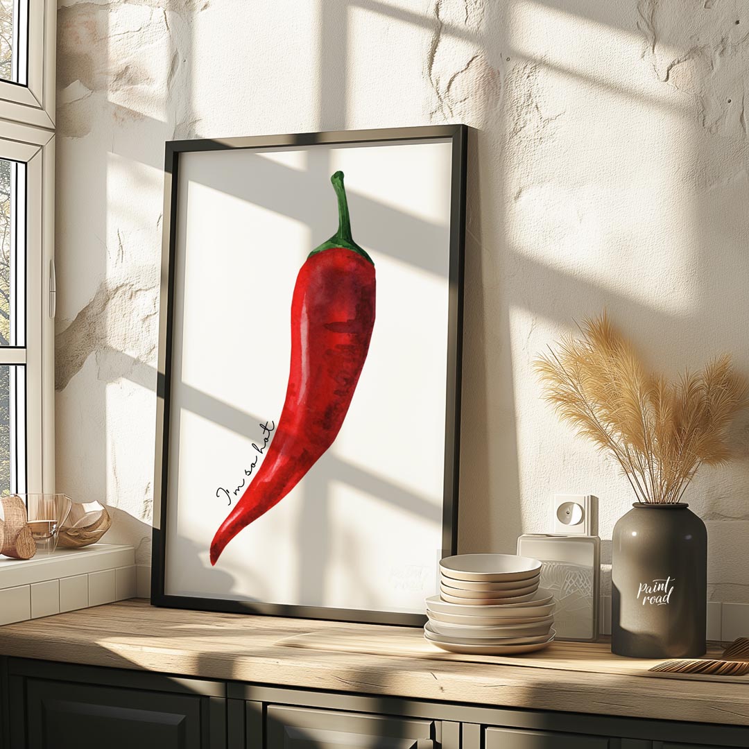 This striking minimalist poster features a single, vibrant red chili pepper rendered in a realistic… for kitchen