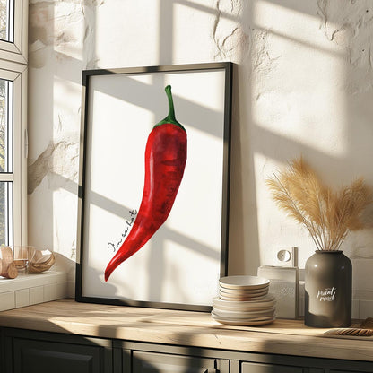 This striking minimalist poster features a single, vibrant red chili pepper rendered in a realistic… for kitchen