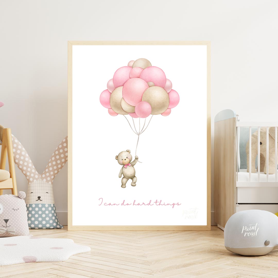 This inspiring and sweet illustration features a charming teddy bear, holding onto the strings of a… for nursery