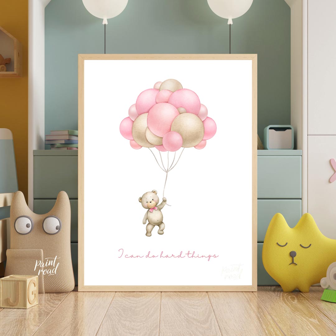 This inspiring and sweet illustration features a charming teddy bear, holding onto the strings of a… for nursery