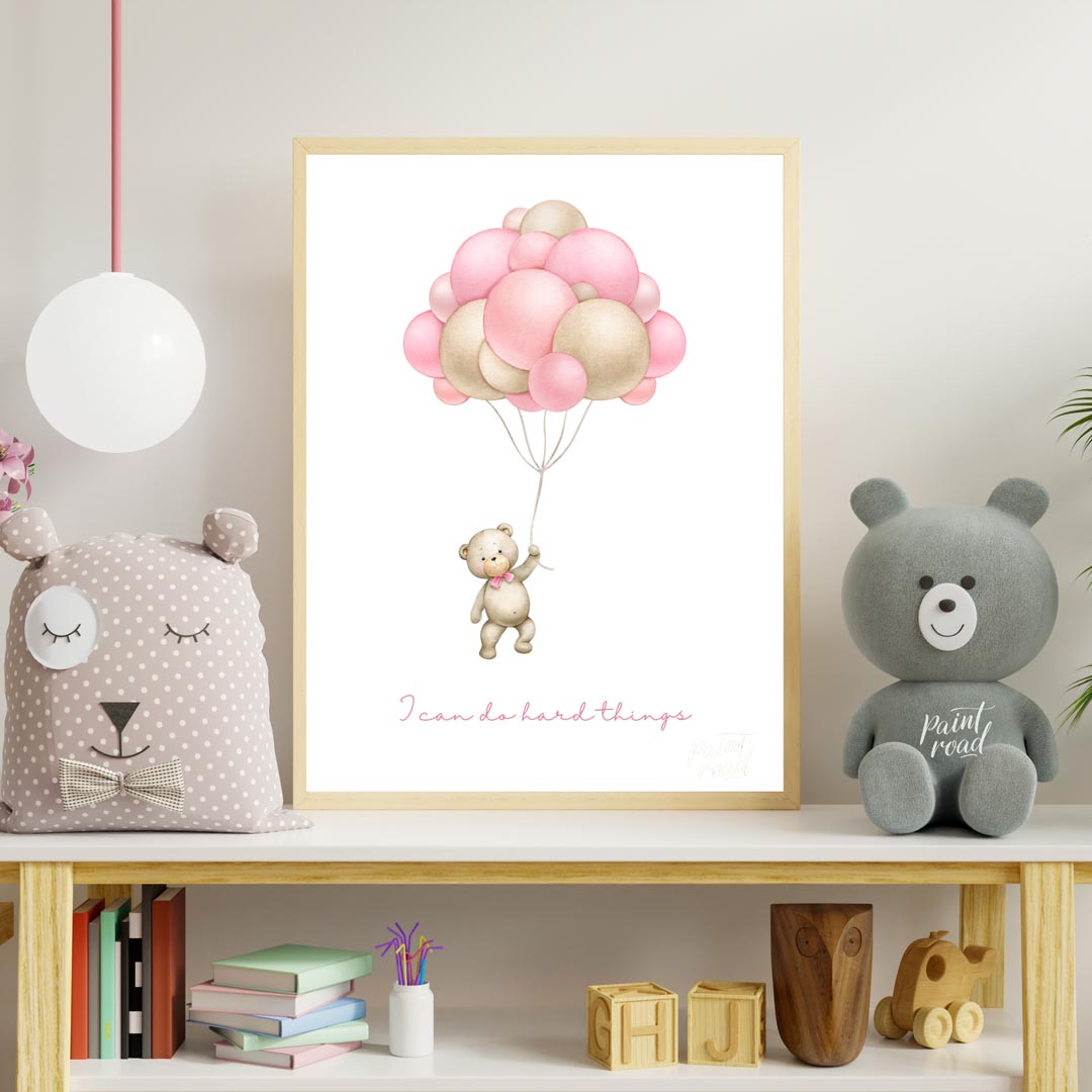 This inspiring and sweet illustration features a charming teddy bear, holding onto the strings of a… for nursery