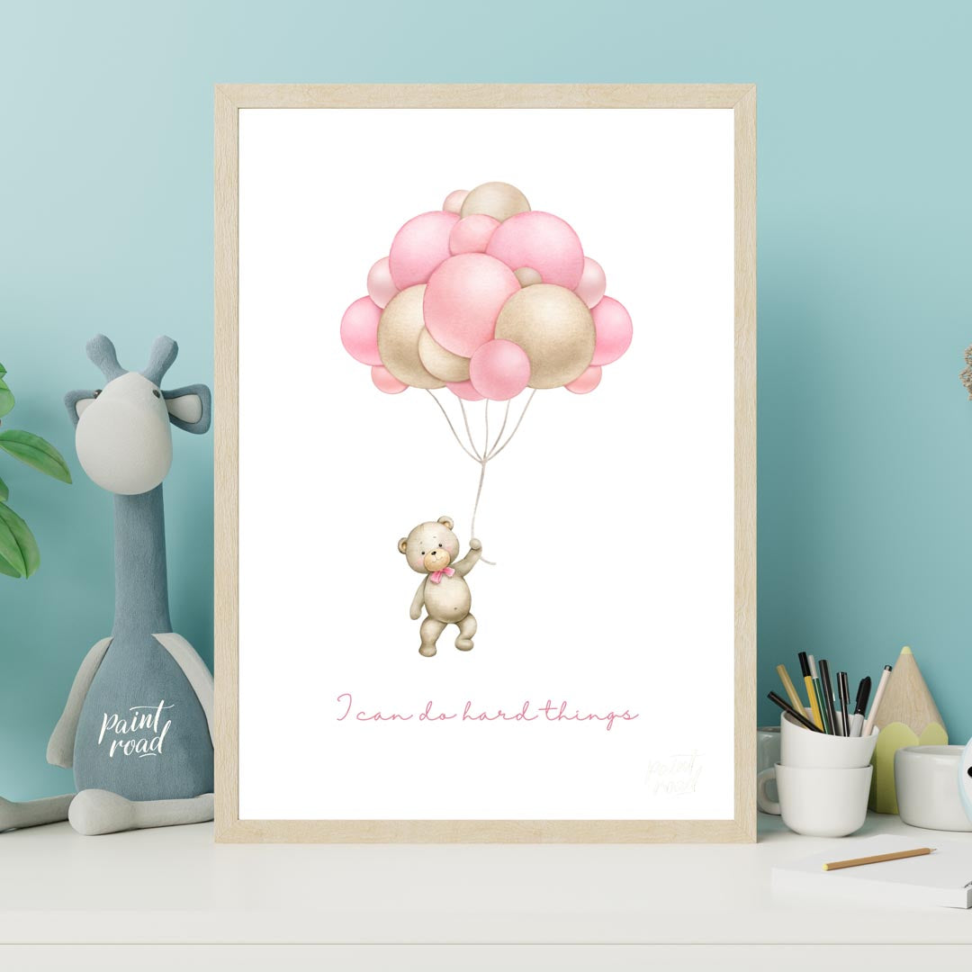 This inspiring and sweet illustration features a charming teddy bear, holding onto the strings of a… for nursery