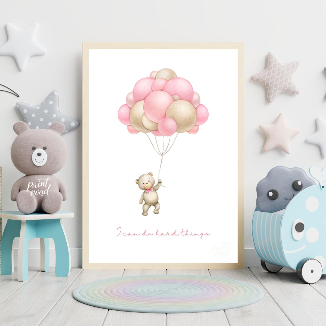 This inspiring and sweet illustration features a charming teddy bear, holding onto the strings of a… for nursery