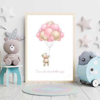 This inspiring and sweet illustration features a charming teddy bear, holding onto the strings of a… for nursery