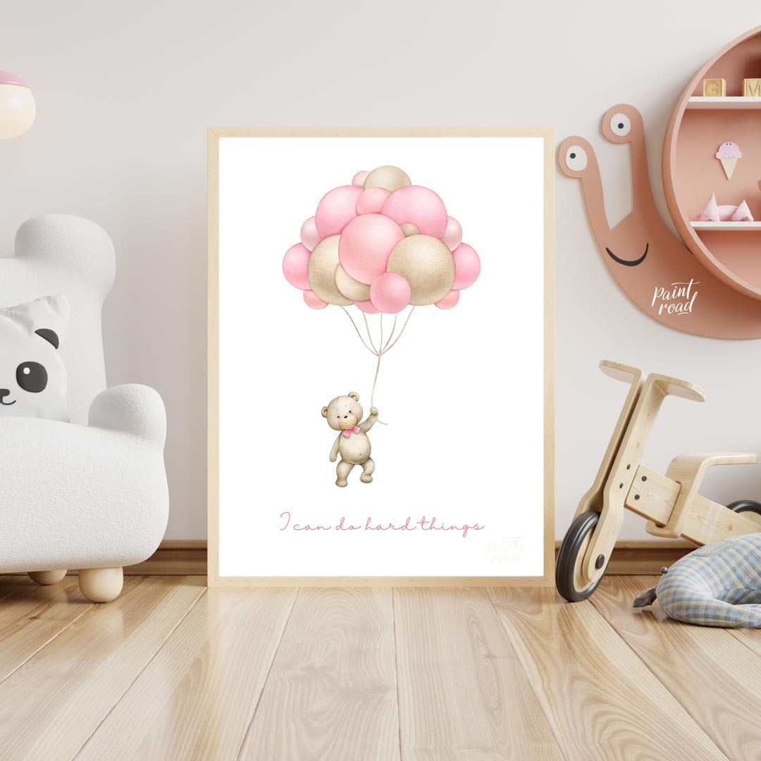 This inspiring and sweet illustration features a charming teddy bear, holding onto the strings of a… for nursery