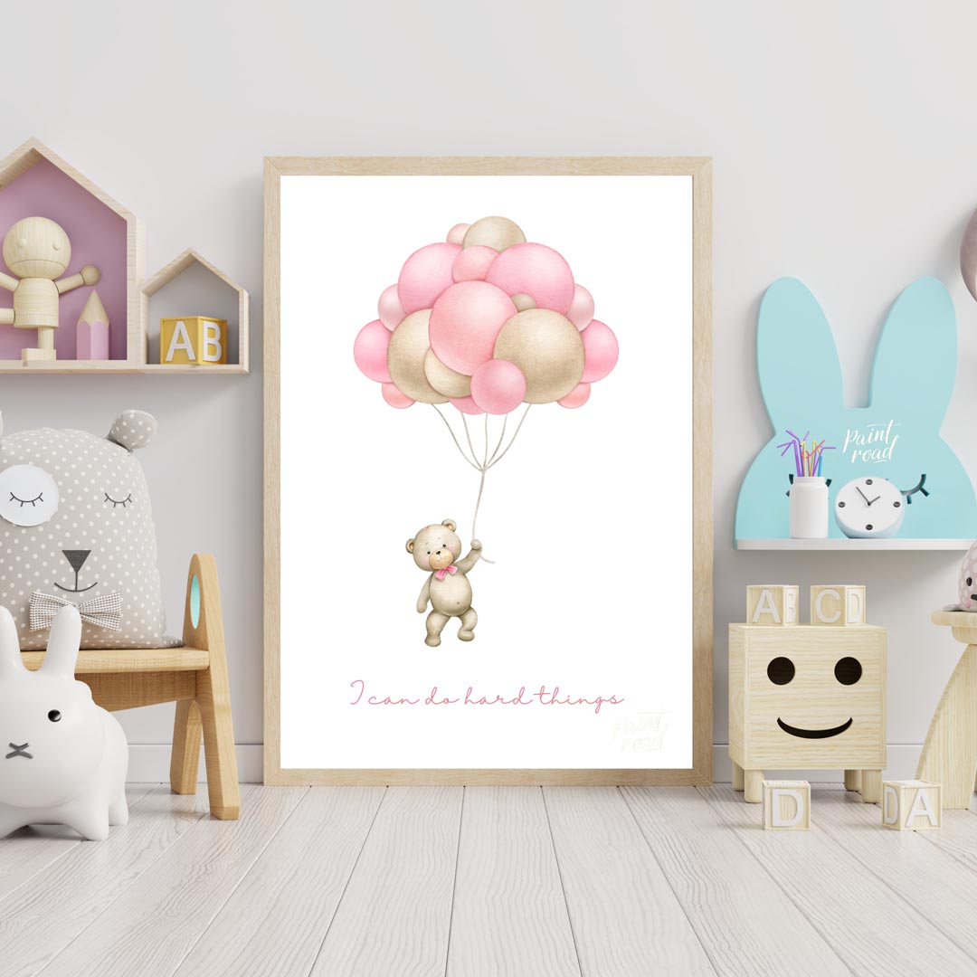 This inspiring and sweet illustration features a charming teddy bear, holding onto the strings of a… for nursery