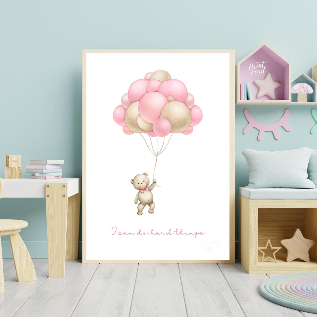 This inspiring and sweet illustration features a charming teddy bear, holding onto the strings of a… for nursery