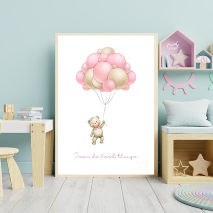 This inspiring and sweet illustration features a charming teddy bear, holding onto the strings of a… for nursery