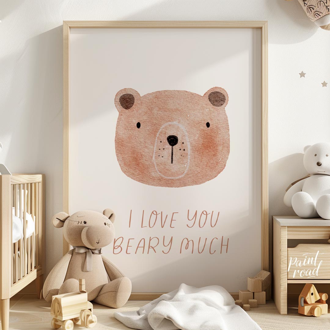 "This charming poster features the heartfelt yet playful misspelled phrase ""I love you beaty much"… for nursery