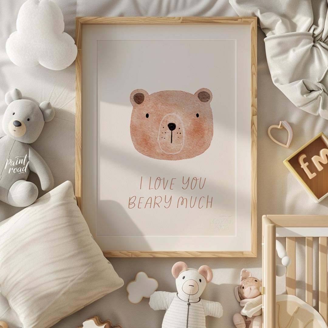 "This charming poster features the heartfelt yet playful misspelled phrase ""I love you beaty much"… for nursery