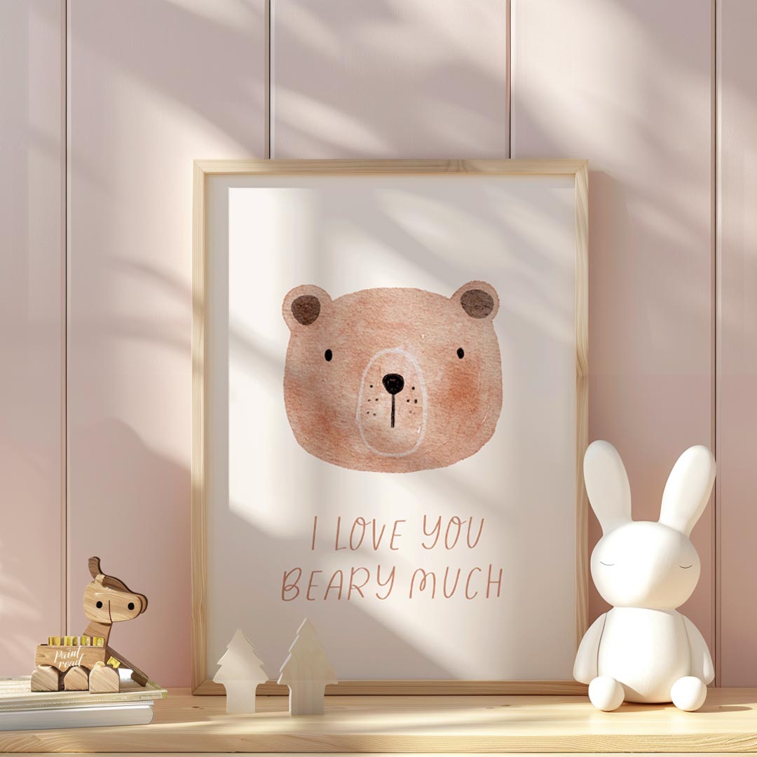 "This charming poster features the heartfelt yet playful misspelled phrase ""I love you beaty much"… for nursery