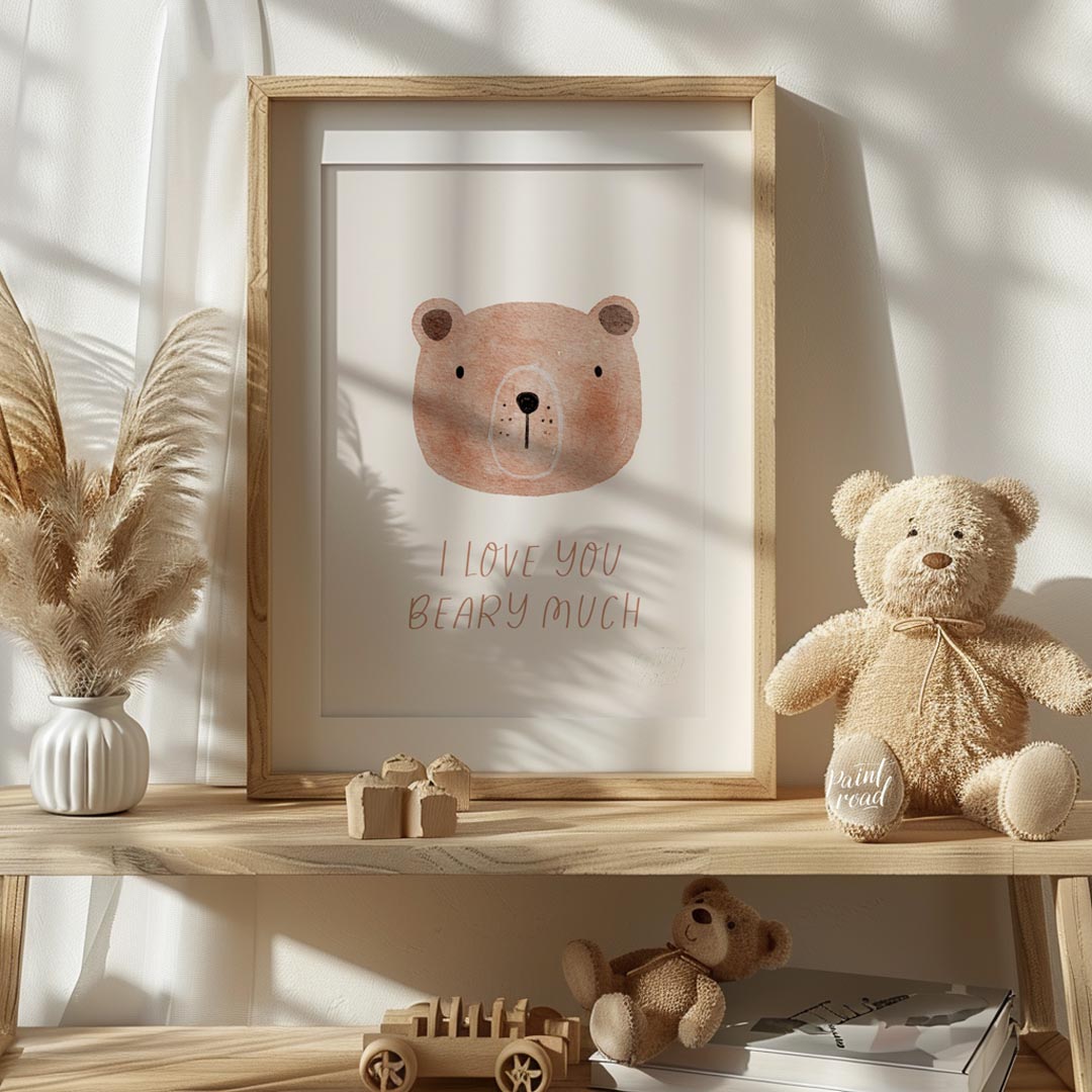 "This charming poster features the heartfelt yet playful misspelled phrase ""I love you beaty much"… for nursery