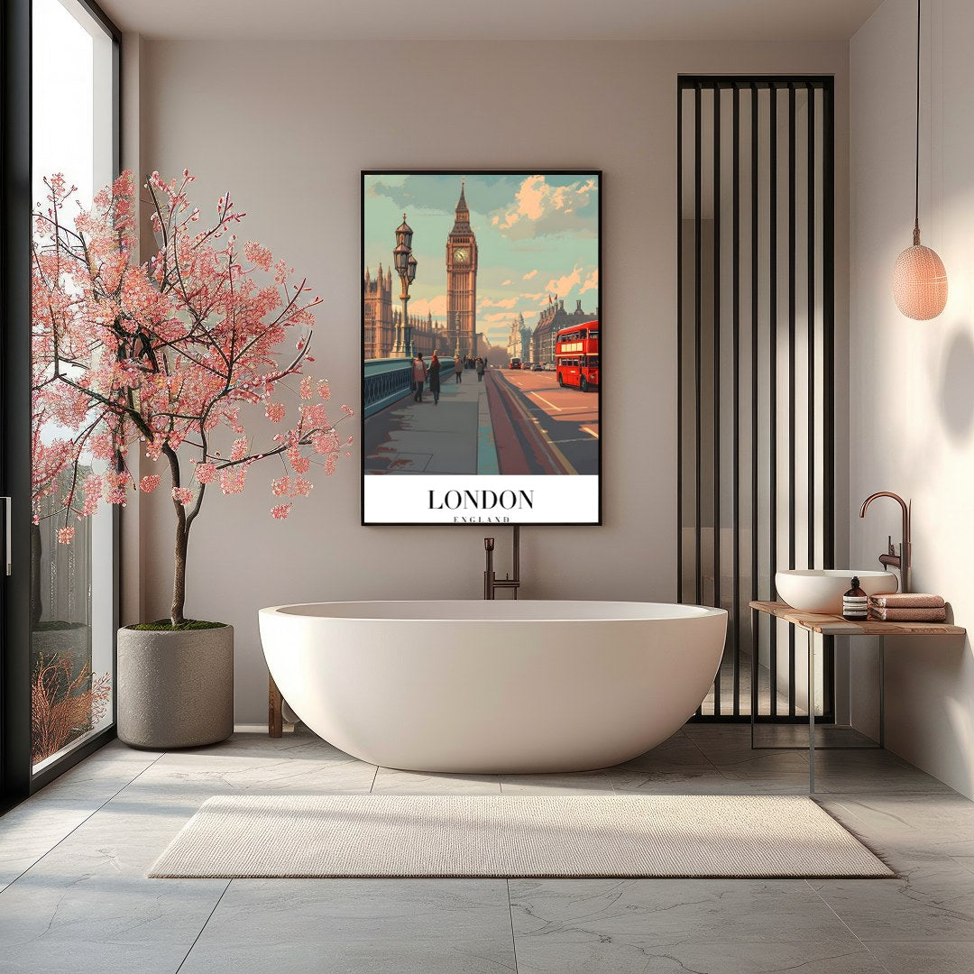 Capture the essence of London with this stunning artwork featuring the iconic Big Ben and a for Bathroom