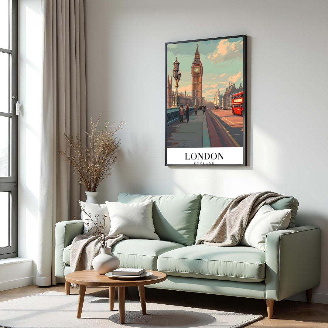 Capture the essence of London with this stunning artwork featuring the iconic Big Ben and a for Hall