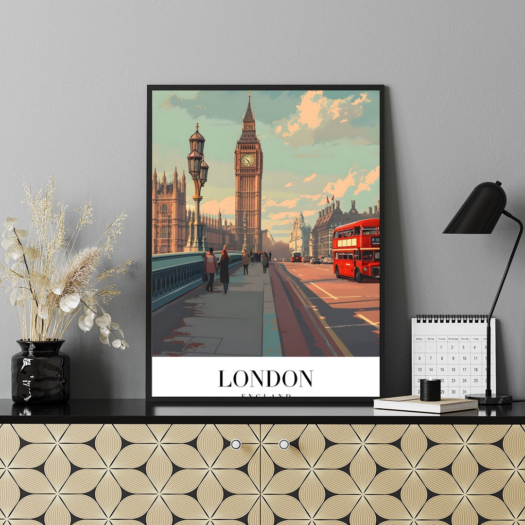 Capture the essence of London with this stunning artwork featuring the iconic Big Ben and a for Shelf
