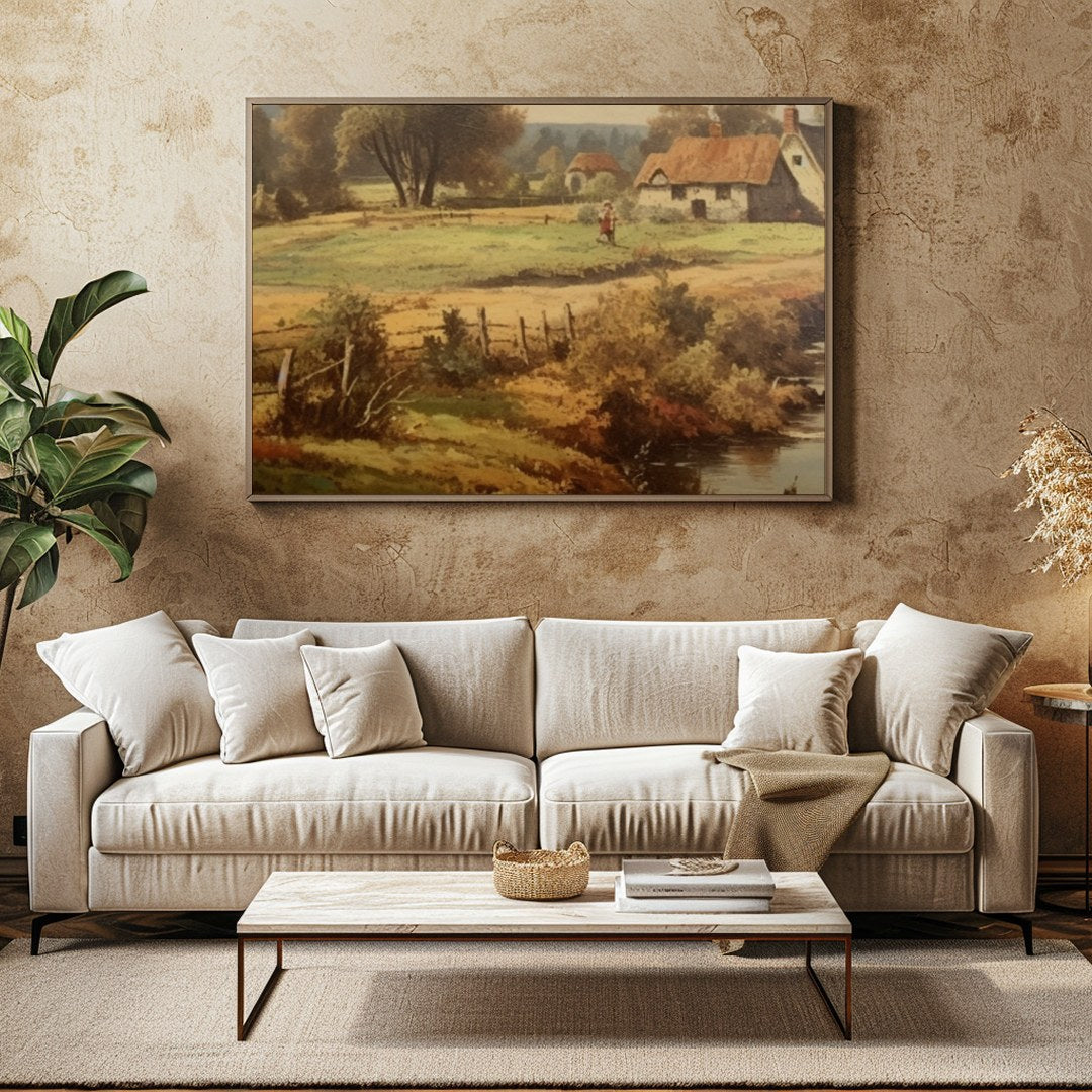 Step into a serene rural landscape with this enchanting artwork capturing the tranquility of the for Family Room
