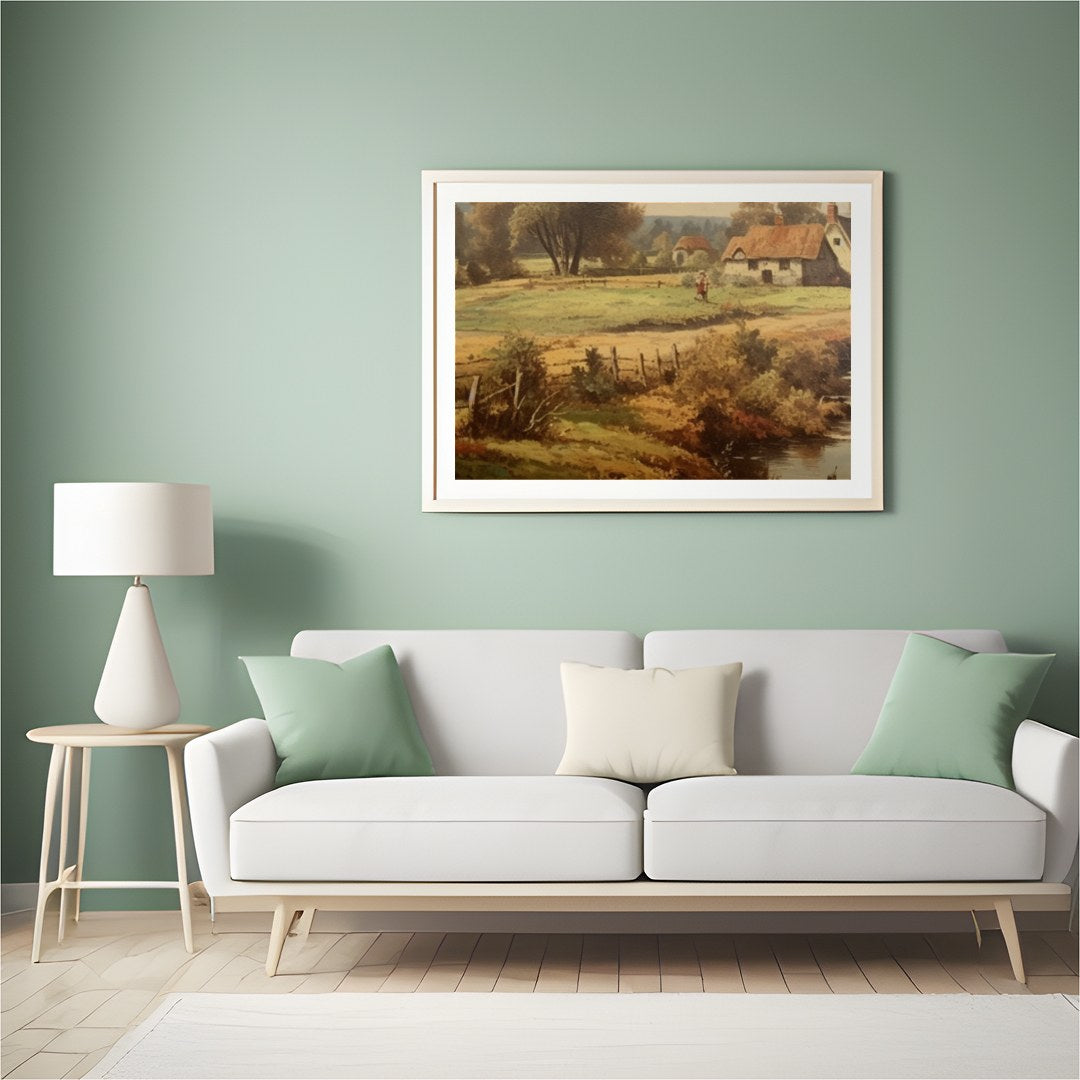 Step into a serene rural landscape with this enchanting artwork capturing the tranquility of the for Hall