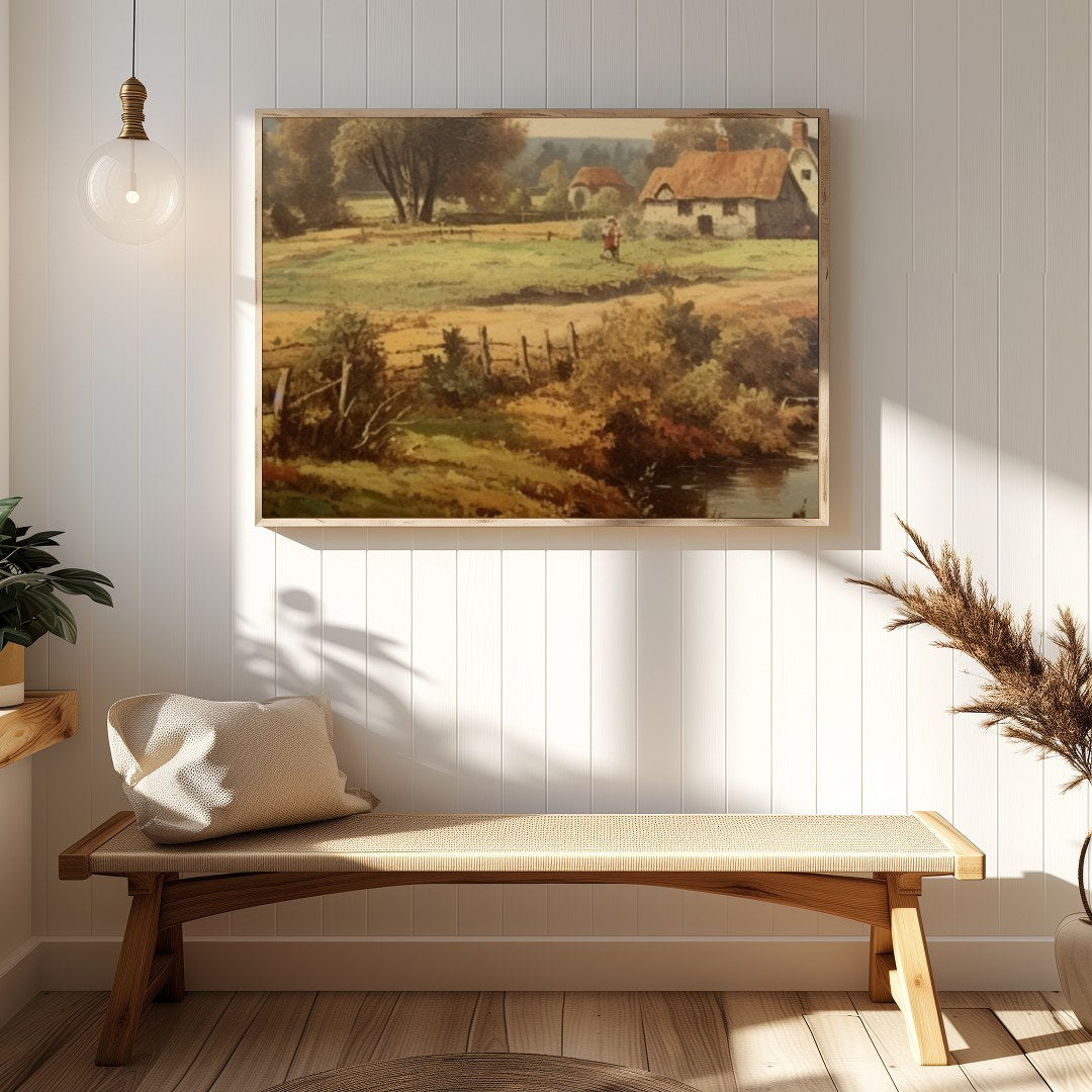 Step into a serene rural landscape with this enchanting artwork capturing the tranquility of the for Hallway