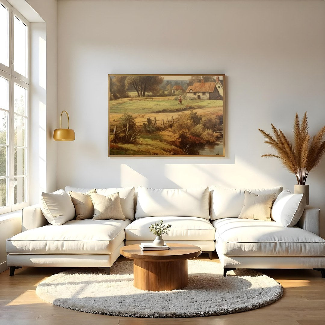 Step into a serene rural landscape with this enchanting artwork capturing the tranquility of the for Living Room