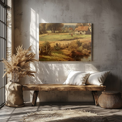 Step into a serene rural landscape with this enchanting artwork capturing the tranquility of the for Veranda