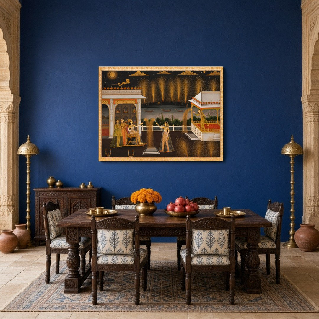 Exquisitely capturing the vibrant spirit of celebration, this Indian Miniature artwork showcases for Dining