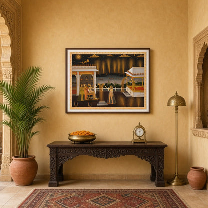 Exquisitely capturing the vibrant spirit of celebration, this Indian Miniature artwork showcases for Entrance