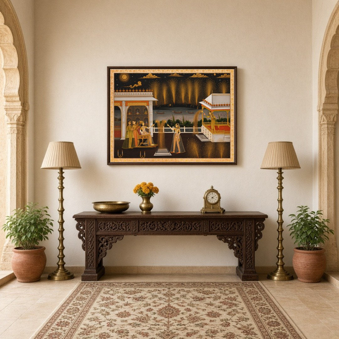 Exquisitely capturing the vibrant spirit of celebration, this Indian Miniature artwork showcases for Hallway