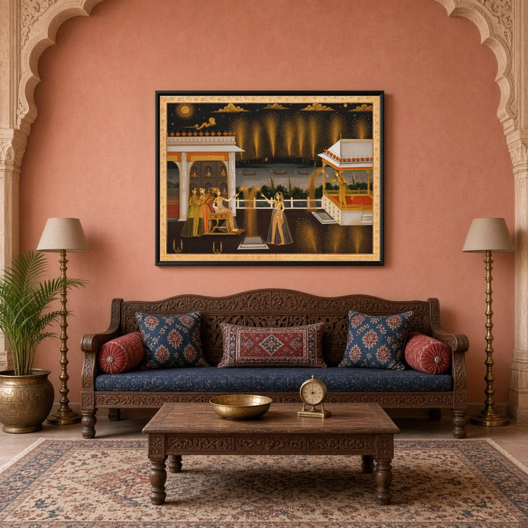 Exquisitely capturing the vibrant spirit of celebration, this Indian Miniature artwork showcases for Living Room