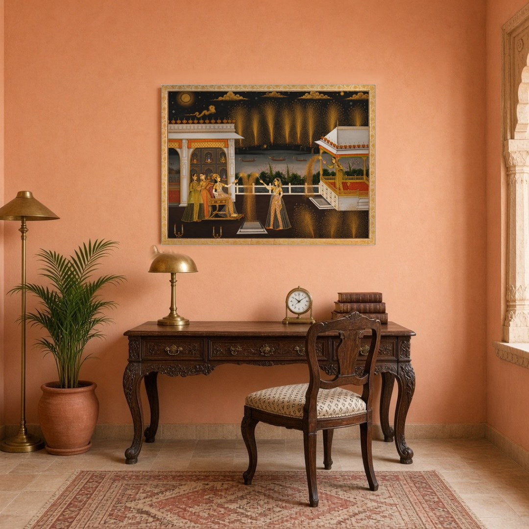 Exquisitely capturing the vibrant spirit of celebration, this Indian Miniature artwork showcases for Study