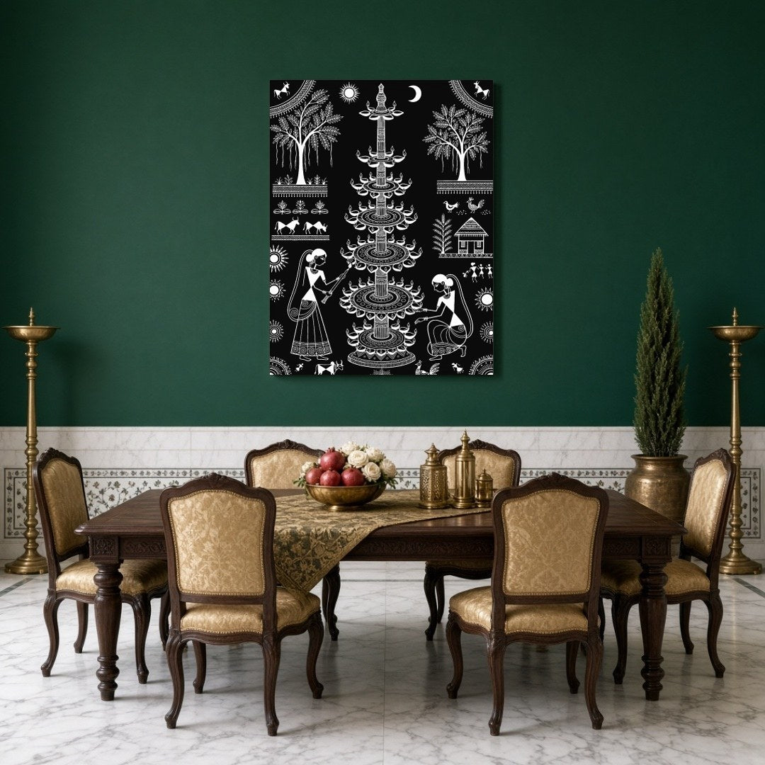Experience the enchanting rhythm of traditional village life with this captivating Warli art print. for Dining