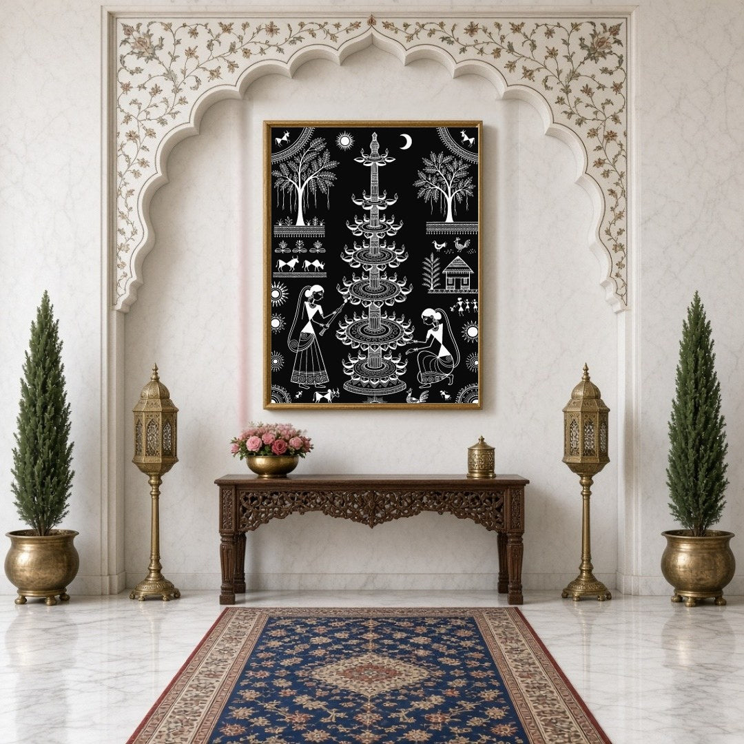 Experience the enchanting rhythm of traditional village life with this captivating Warli art print. for Hallway