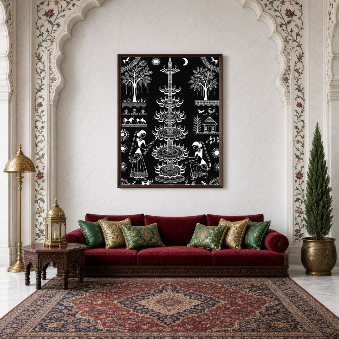 Experience the enchanting rhythm of traditional village life with this captivating Warli art print. for Living Room