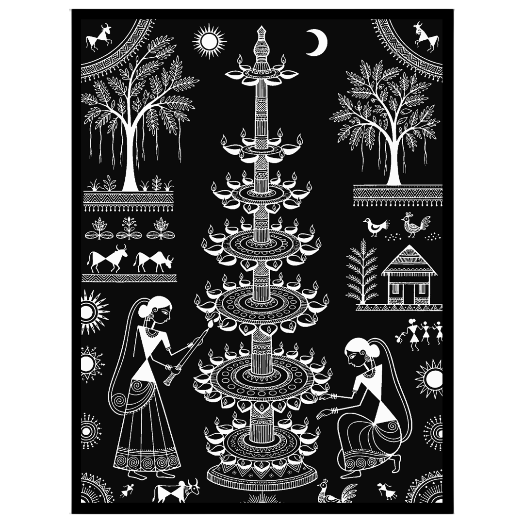 Experience the enchanting rhythm of traditional village life with this captivating Warli art print. for office