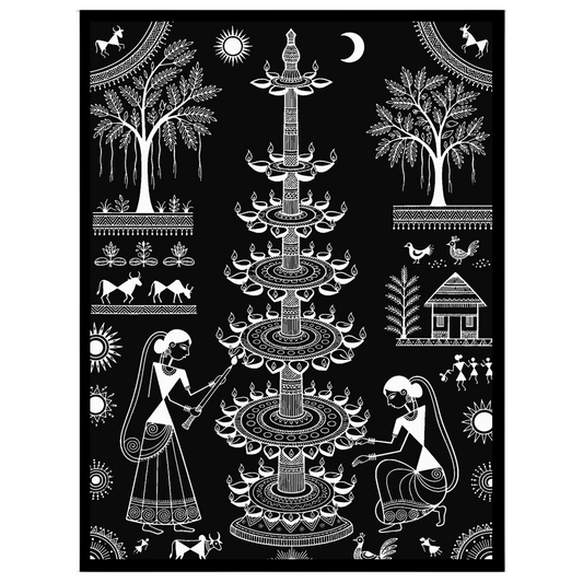 Experience the enchanting rhythm of traditional village life with this captivating Warli art print. for office