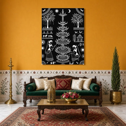 Experience the enchanting rhythm of traditional village life with this captivating Warli art print. for Sitting Area