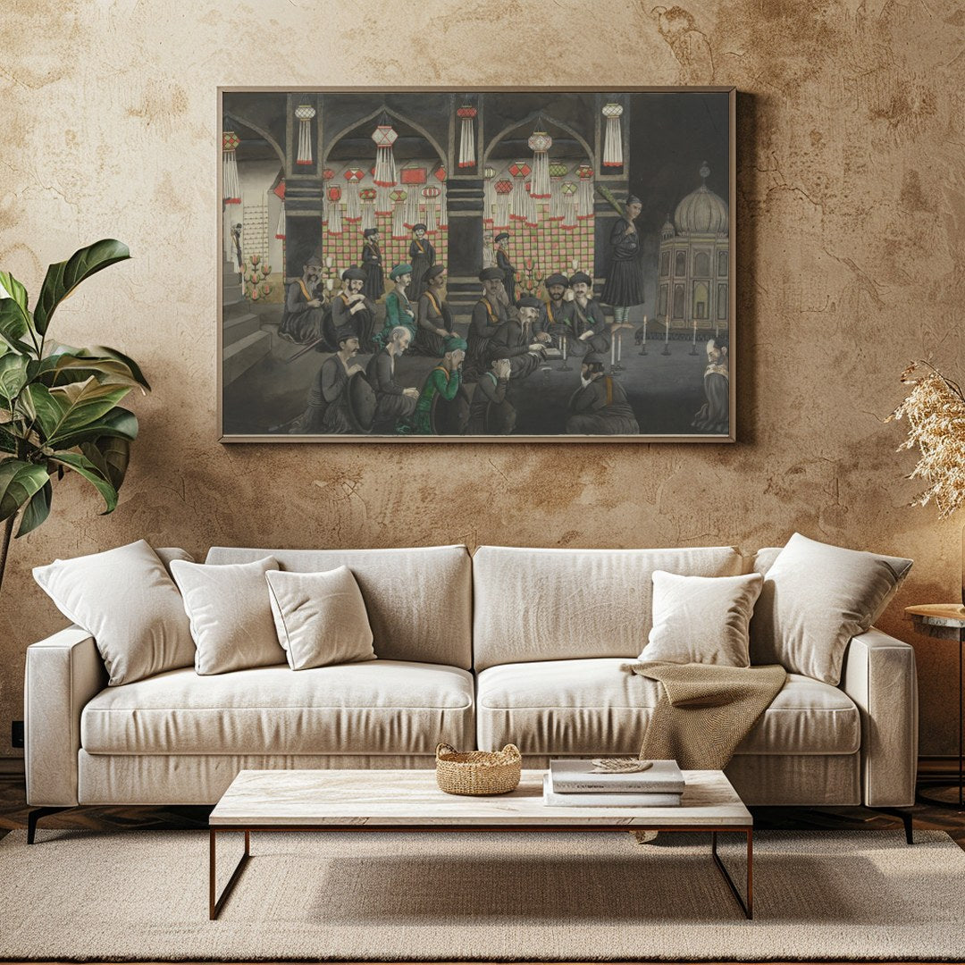 Step back in time with this intricate artwork depicting a vibrant gathering within an ornate for Family Room