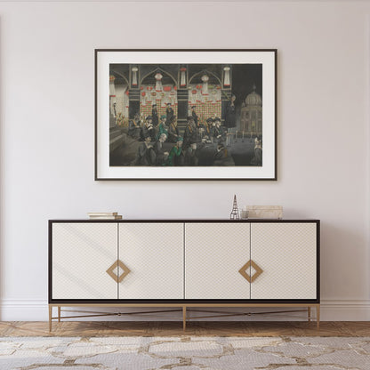 Step back in time with this intricate artwork depicting a vibrant gathering within an ornate for Foyer