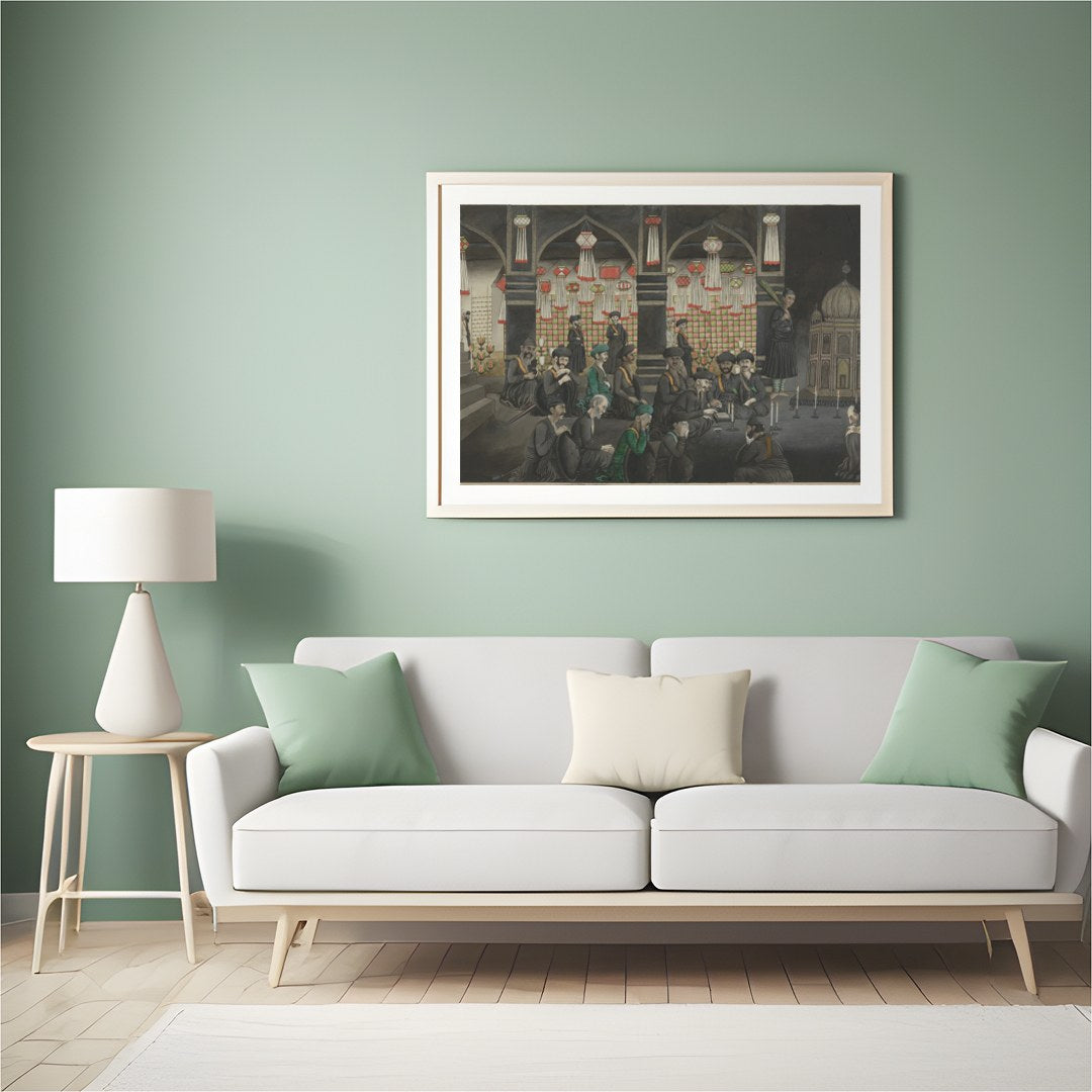 Step back in time with this intricate artwork depicting a vibrant gathering within an ornate for Hall