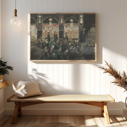 Step back in time with this intricate artwork depicting a vibrant gathering within an ornate for Hallway