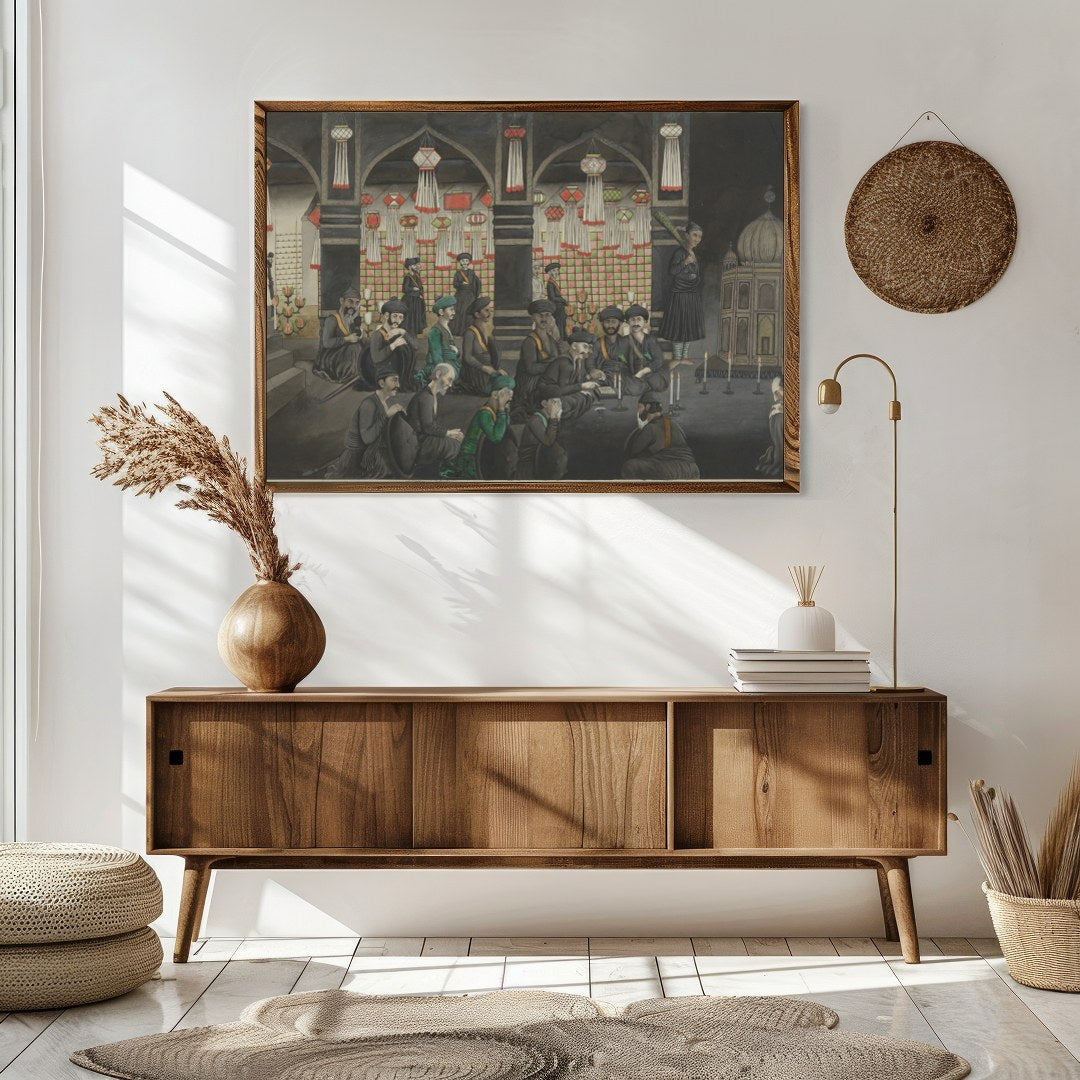 Step back in time with this intricate artwork depicting a vibrant gathering within an ornate for Sitting Area