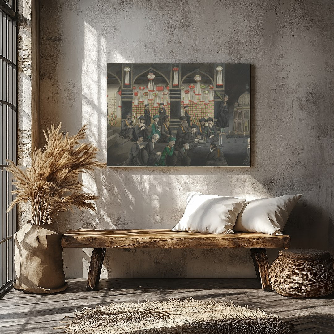 Step back in time with this intricate artwork depicting a vibrant gathering within an ornate for Veranda