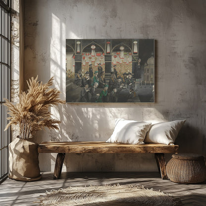 Step back in time with this intricate artwork depicting a vibrant gathering within an ornate for Veranda