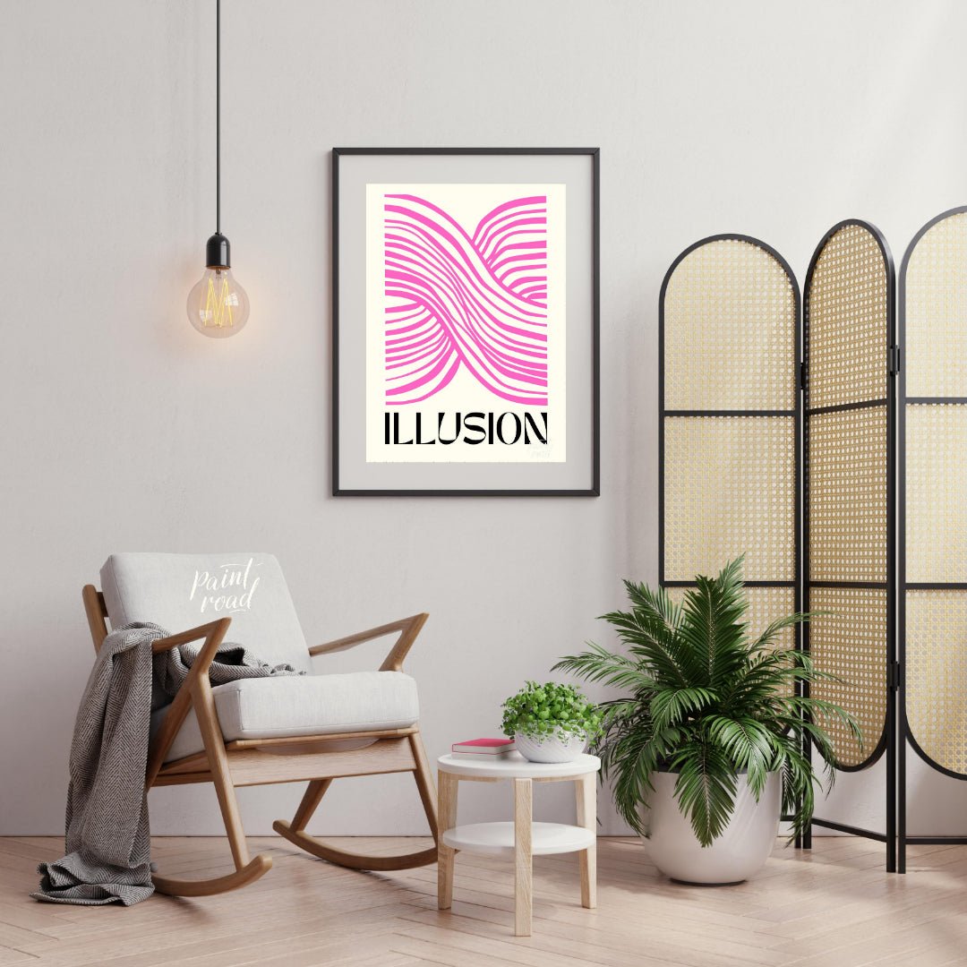This contemporary graphic design titled “Illusion” by Mister Flanagan Design is a captivating optic… for living room