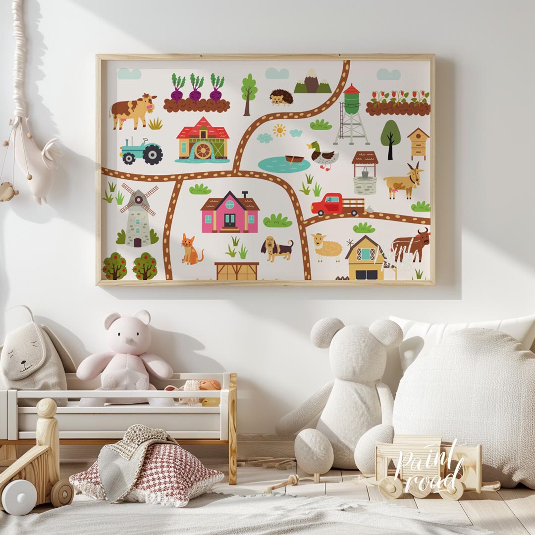 This vibrant and detailed poster showcases a charming illustrated map of a bustling farm, rich with… for nursery